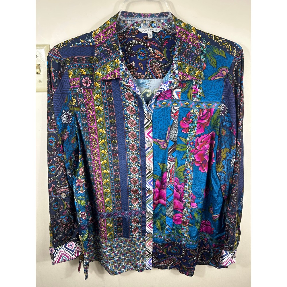John Mark Blouse Women L Mixed Print Paisley Floral Patchwork Button Down Top